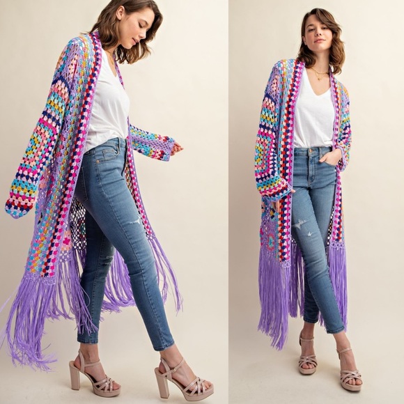 *24 HOUR SALE*Destination Secured Lavender Granny Crochet Fringe Cardigan Duster - Picture 5 of 7